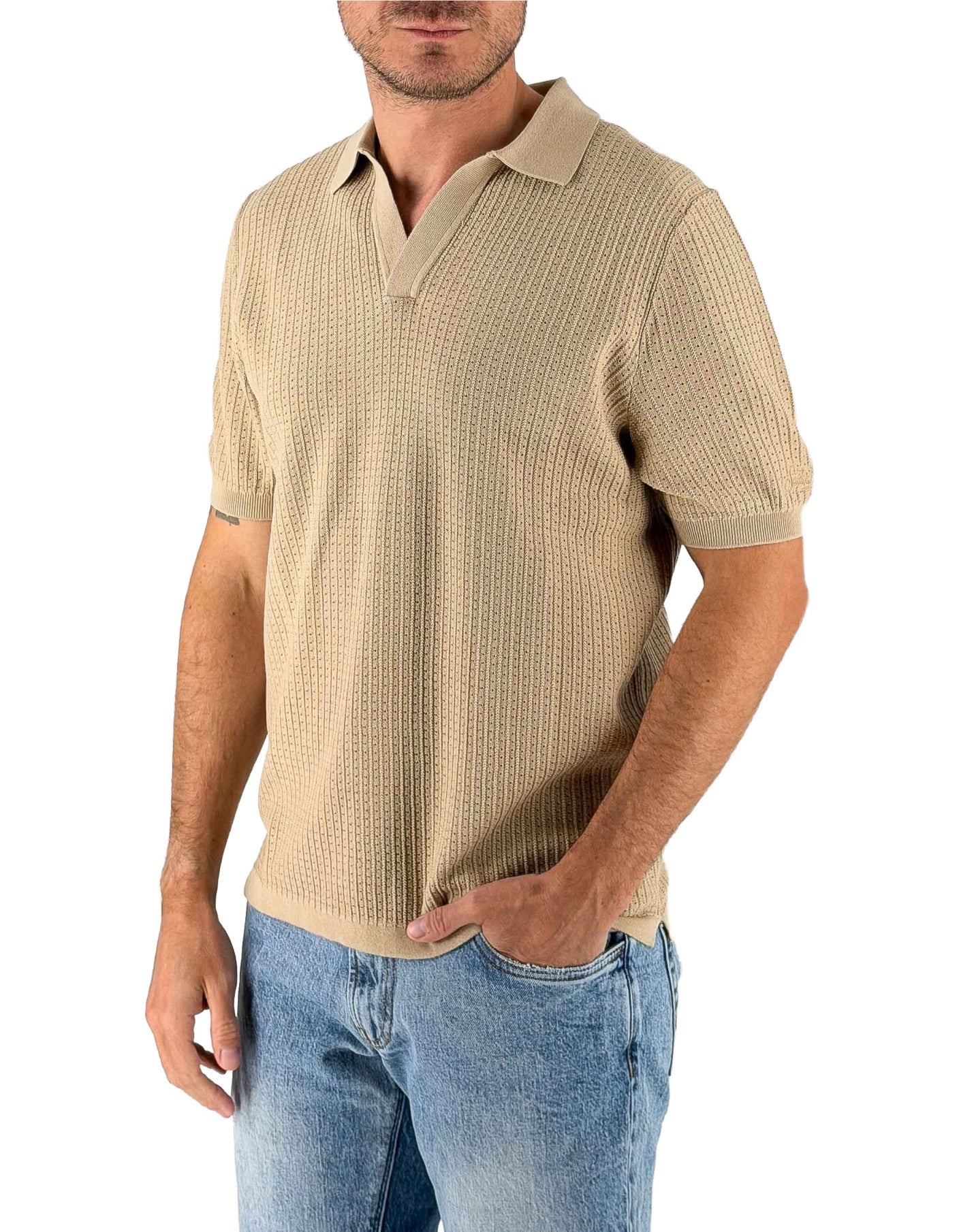 MC2 Saint Barth Polo Uomo Sloan Net Beige in Filo di Cotone – vista principale – Master SKU MC2_SLO0018_00102L