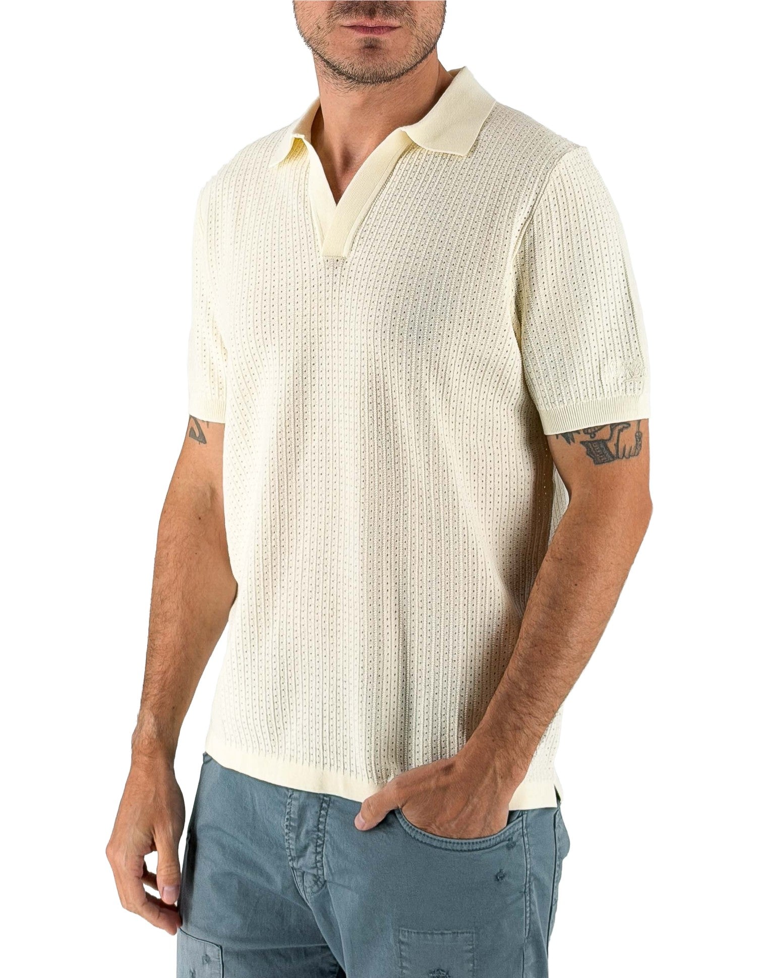 MC2 Saint Barth Polo Uomo Sloan Net Panna in Filo di Cotone – vista principale – Master SKU MC2_SLO0018_00095L