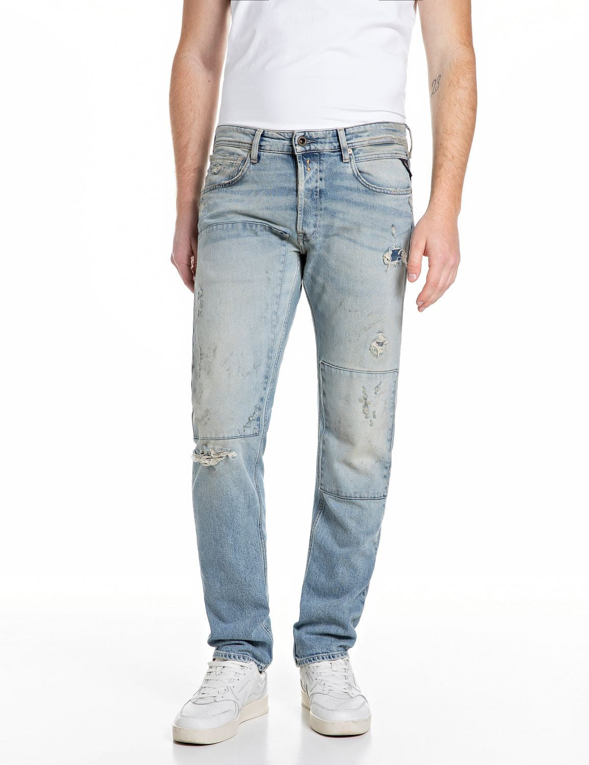 Replay Jeans Uomo Grover Straight Fit Denim Chiaro Used Rotture – vista principale – Master SKU RPY_MA972W000795_128_010