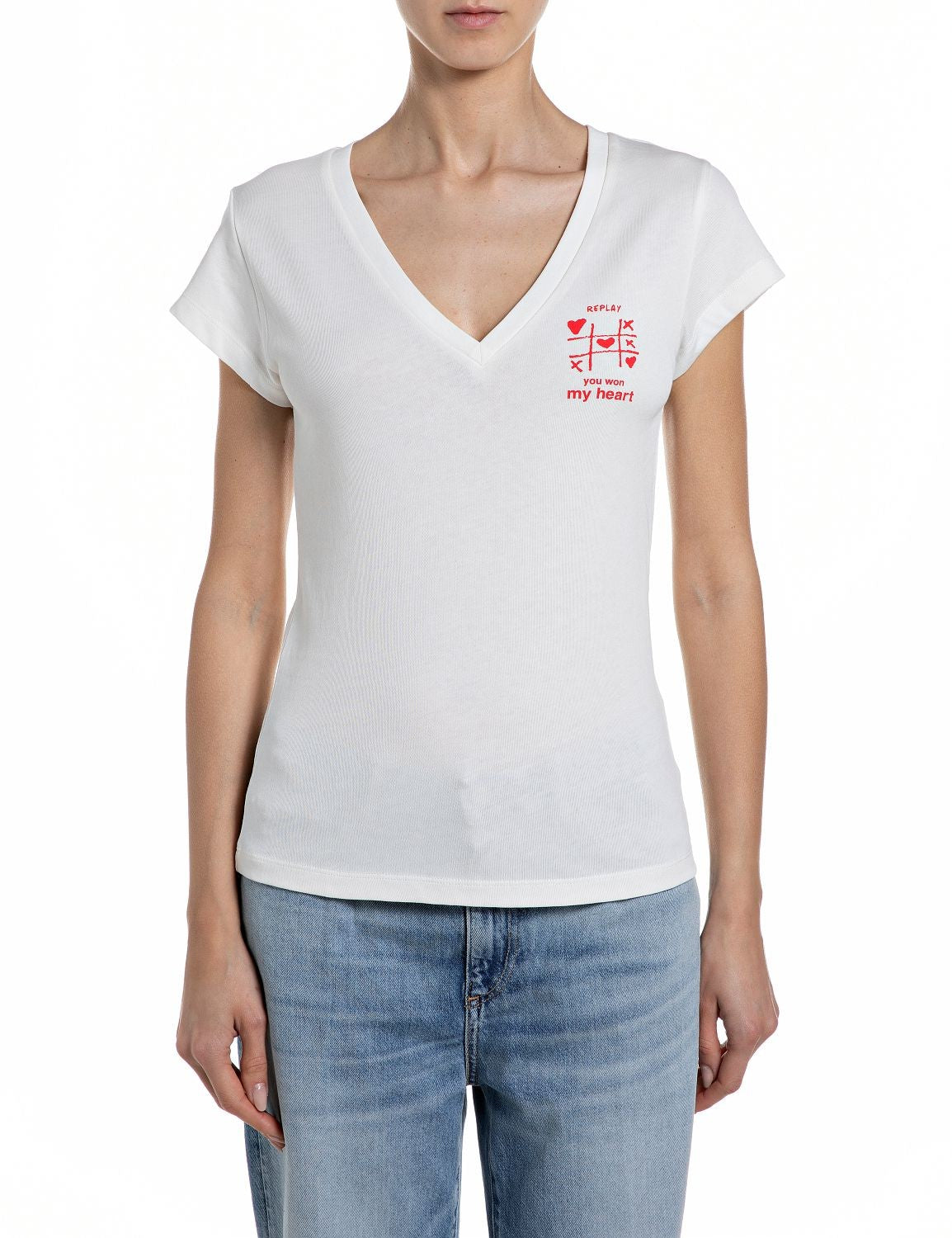 Replay T-shirt Donna Slim Fit Scollo V Jersey Cotone Stampa – vista principale – Master SKU RPY_W3467A00023792G_011