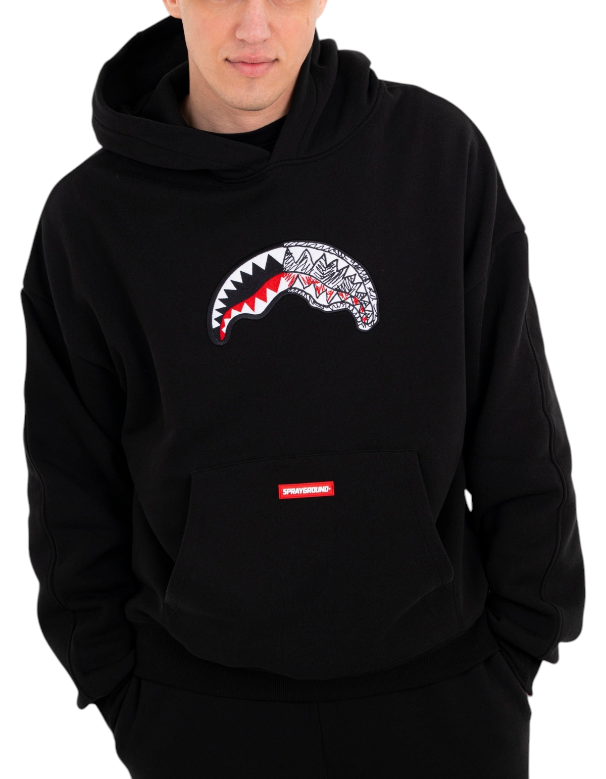 Sprayground Sketch Shark Smooth Perfect Hoodie nero - indossata, vista frontale
