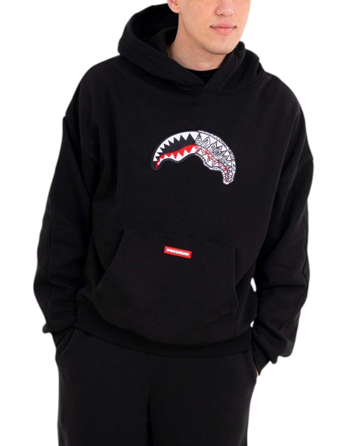 Sprayground Sketch Shark Smooth Perfect Hoodie nero - indossata, figura intera