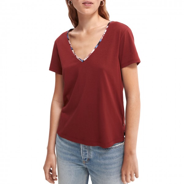 T-Shirt Con Scollo A V, Rosso