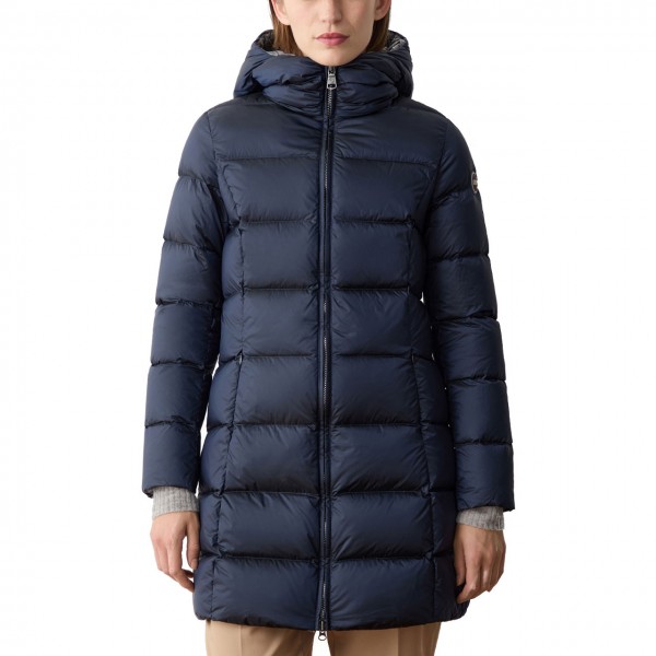 Navy Long Down Jacket With Hood