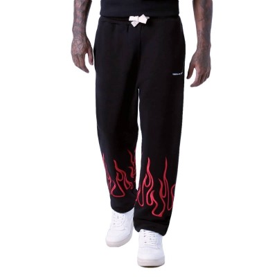 Pantalone Nero Con Fiamme Ricamate Rosse