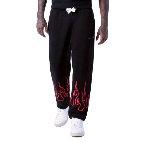 Black Pants With Red Embroidered Flames