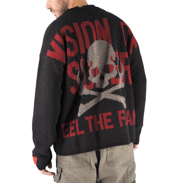 Black Sweater With Skull And Red And Grey Jacquard Logo