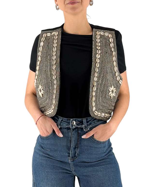 Gilet In Cotone Con Applicazioni Hand-Made