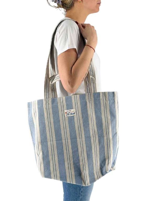 Borsa tote essential beach in cotone a righe bianche e azzurre
