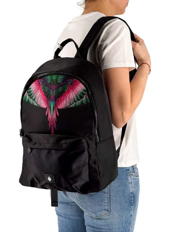Black/Pink Wings Print Nylon Backpack