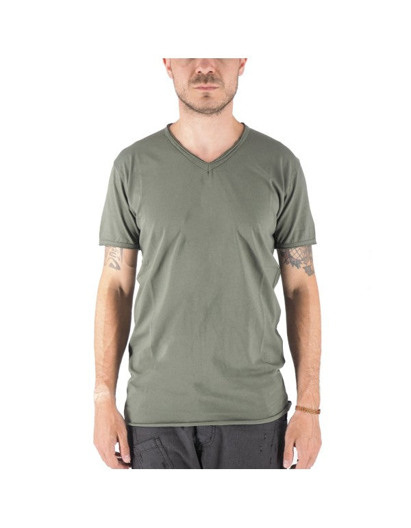 T-Shirt 100% Cotone Scollo A V Verde Mosca