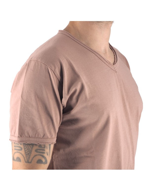 T-Shirt 100% Cotone Scollo A V Cipria Mosca