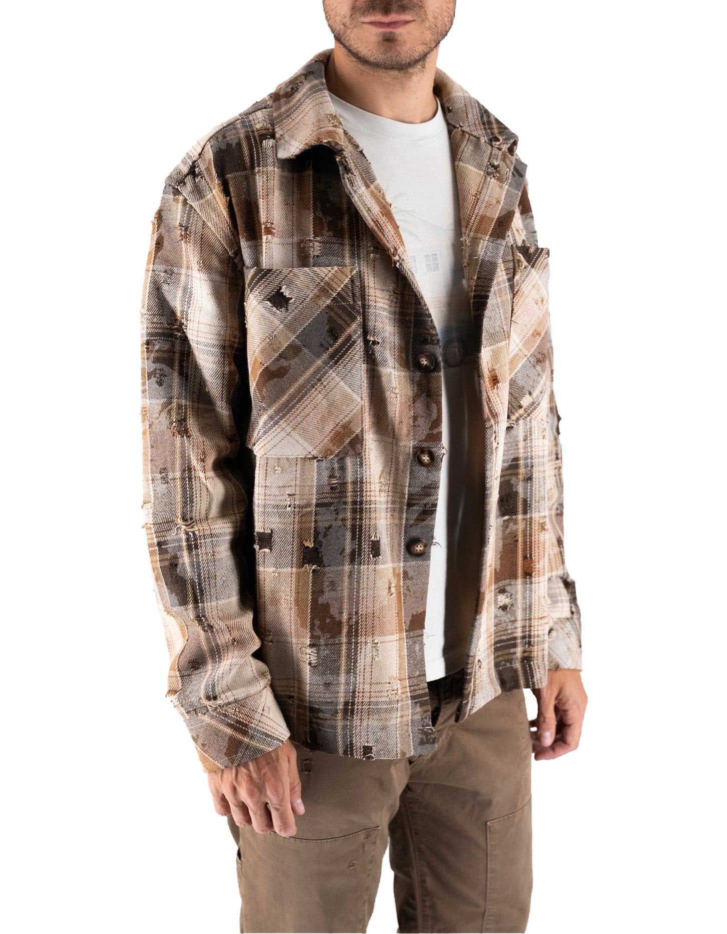 Overshirt Destroyed Check Marrone