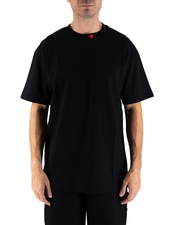 Black Tee With Embroidered Full Hearth On The Neck And Patch On Back Nero