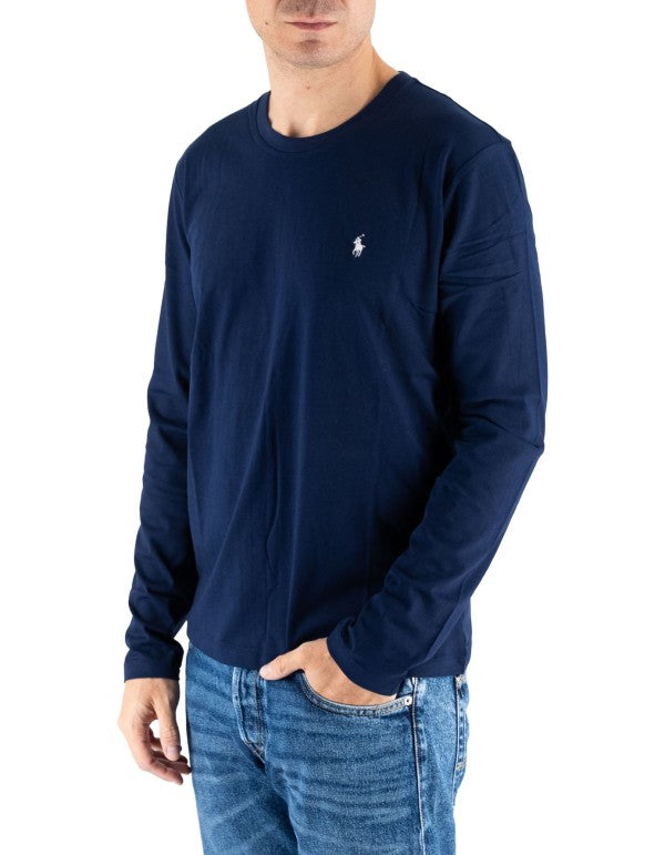 T-shirt Uomo Ralph Lauren Blu Navy Manica Lunga con Logo Ricamato Bianco