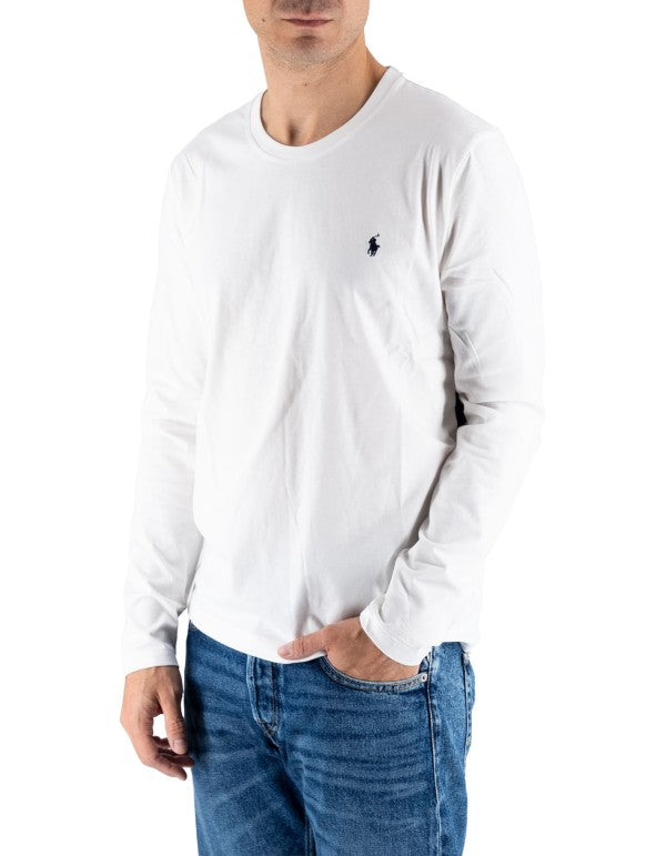 Ralph Lauren Men's White Long Sleeve T-Shirt with Blue Embroidered Logo