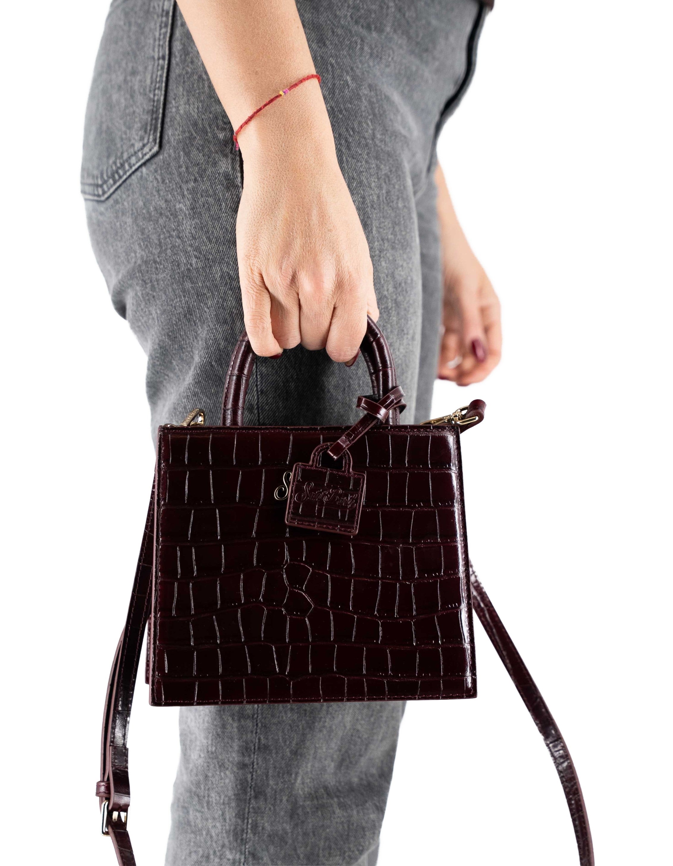 Mini Shop Bag in Burgundy Crocodile Print Leather