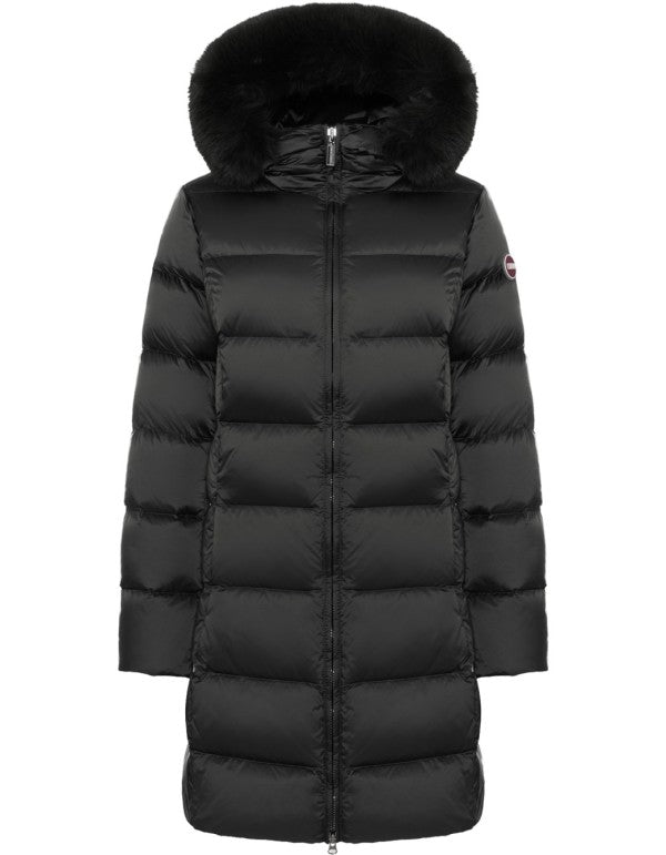 Piumino Lungo Con Cappuccio Eco Fur Nero