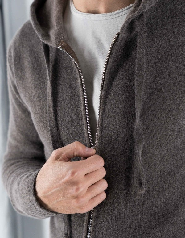 Goteborg Zip-Up Hoodie in Wool and Cashmere Dark Brown