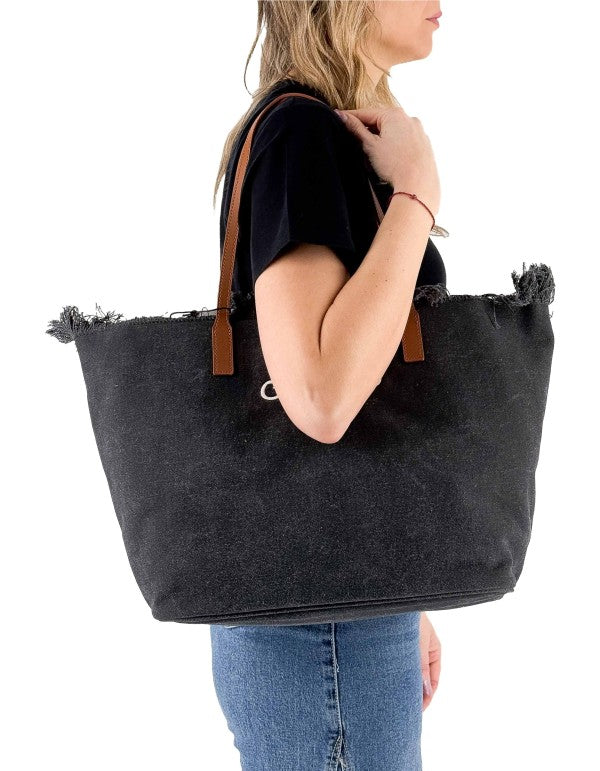 Borsa In Canvas Con Frange City Bag Fringe 00 Emb