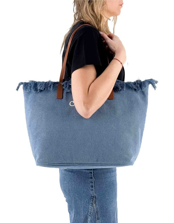 Borsa In Canvas Con Frange City Bag Fringe Denim Emb