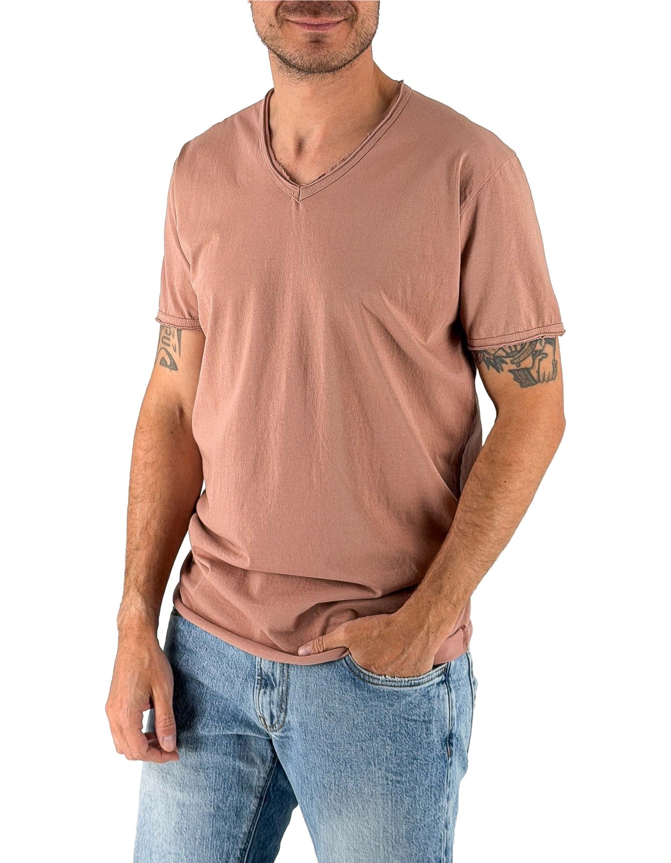 T-Shirt 100% Cotone Scollo A V Cipria Mosca