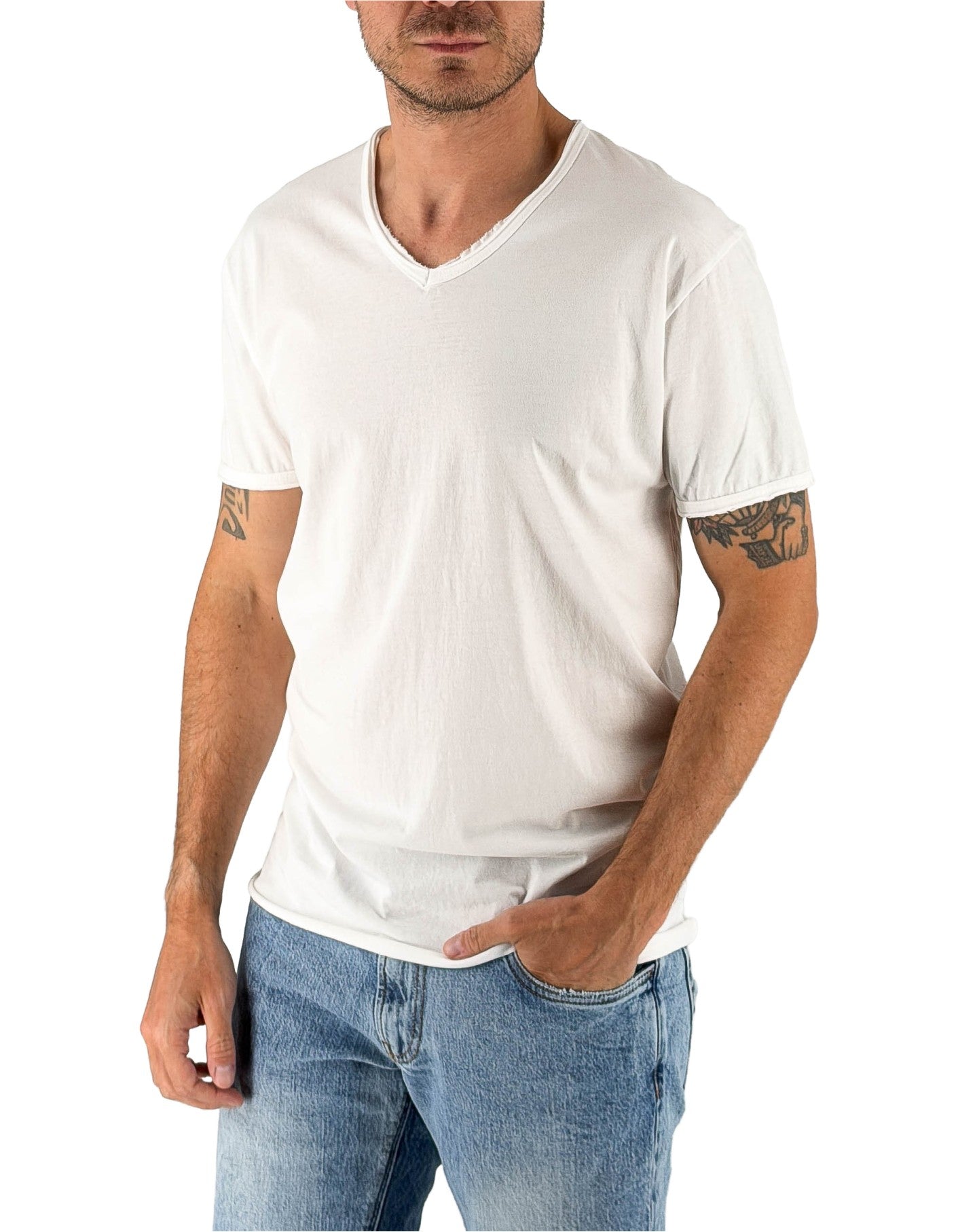 T-Shirt 100% Cotone Scollo A V Bianco Mosca