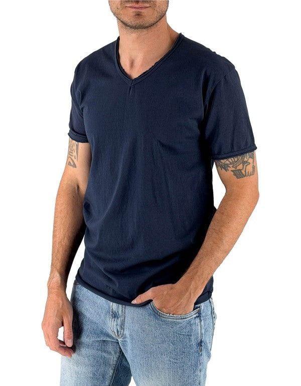 T-Shirt 100% Cotone Scollo A V Blu Navy Mosca
