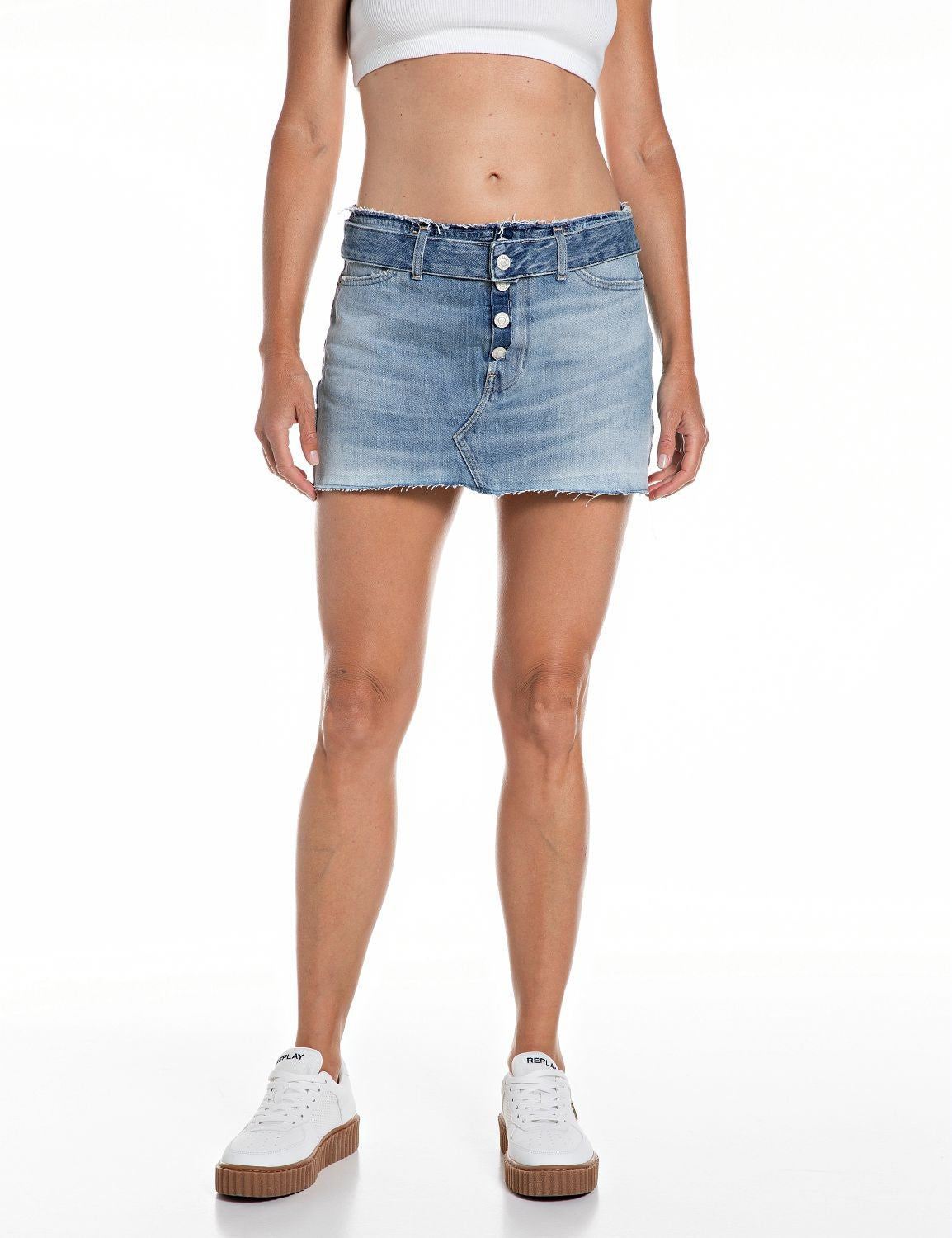 Gonna Mini In Denim Used Vita Bassa Bottoni a Vista Light Blue