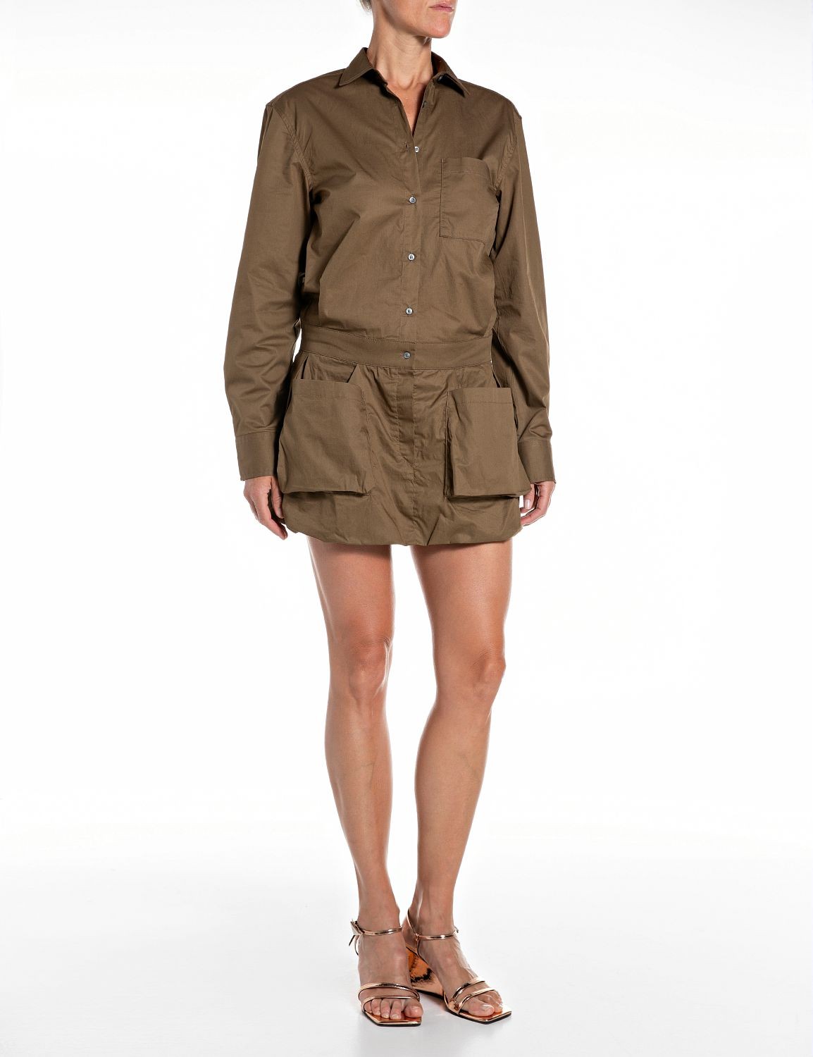 Abito Corto Popeline Cotone Stile Camicia Utility Beech Brown