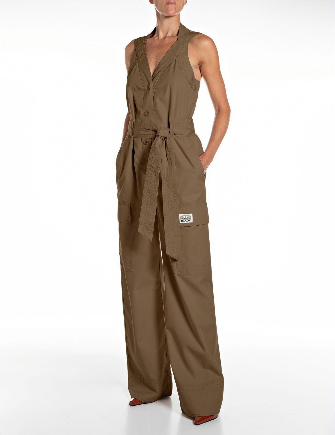 Tuta Donna Intera Utility Marrone Wide Leg con Cintura