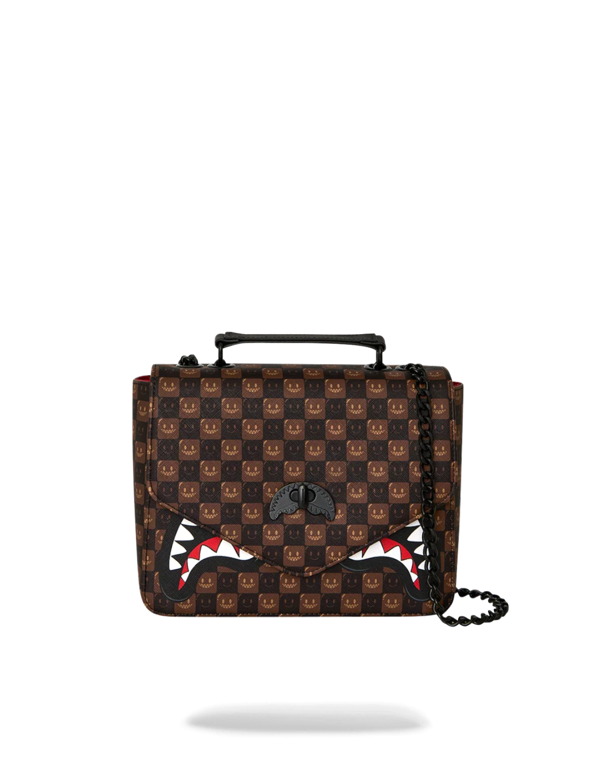 Borsa a mano DevidLabel Sprayground Sharks In Paris marrone con motivo a scacchi e iconica grafica Shark Mouth