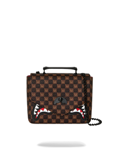Borsa a mano DevidLabel Sprayground Sharks In Paris marrone con motivo a scacchi e iconica grafica Shark Mouth