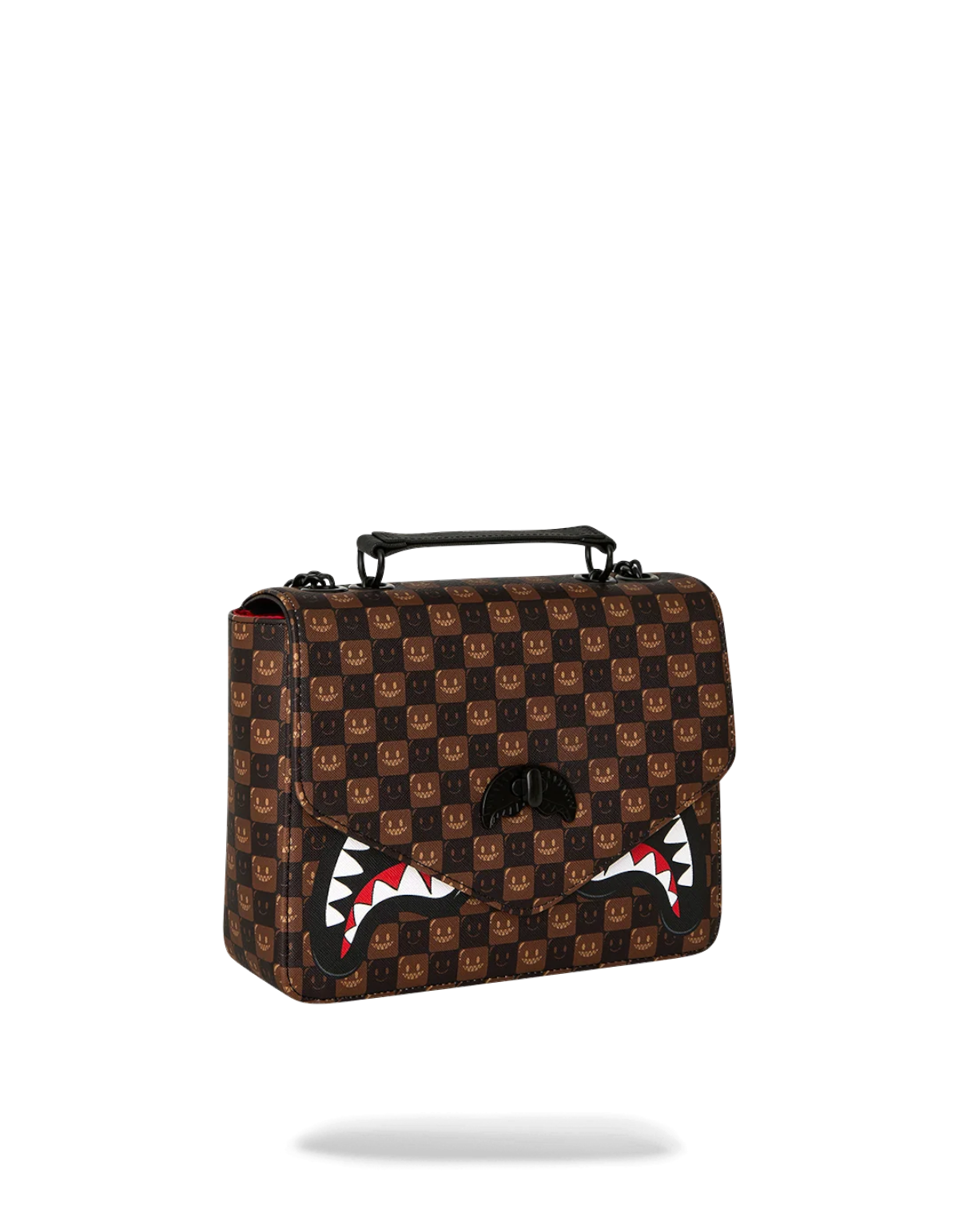 Borsa a mano DevidLabel Sharks In Paris marrone a scacchi con iconico motivo bocca di squalo e manico superiore