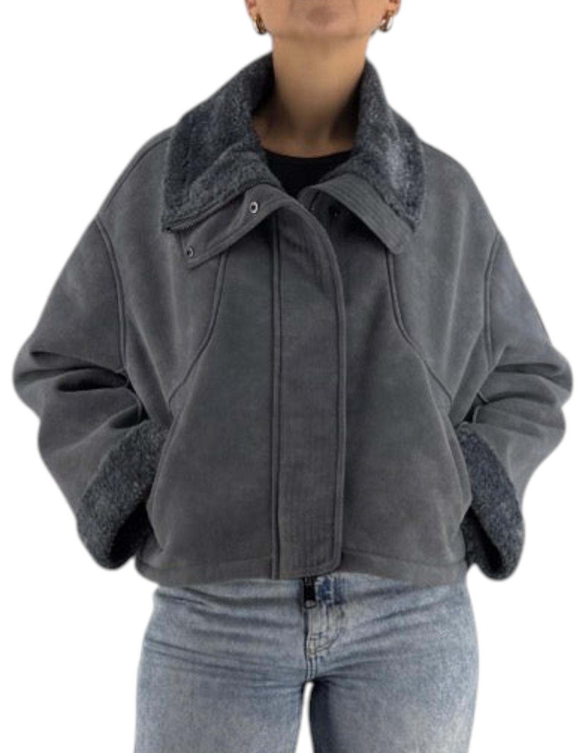 Giubbotto Ogee Dusty Blu Montereggi, vista frontale indossata