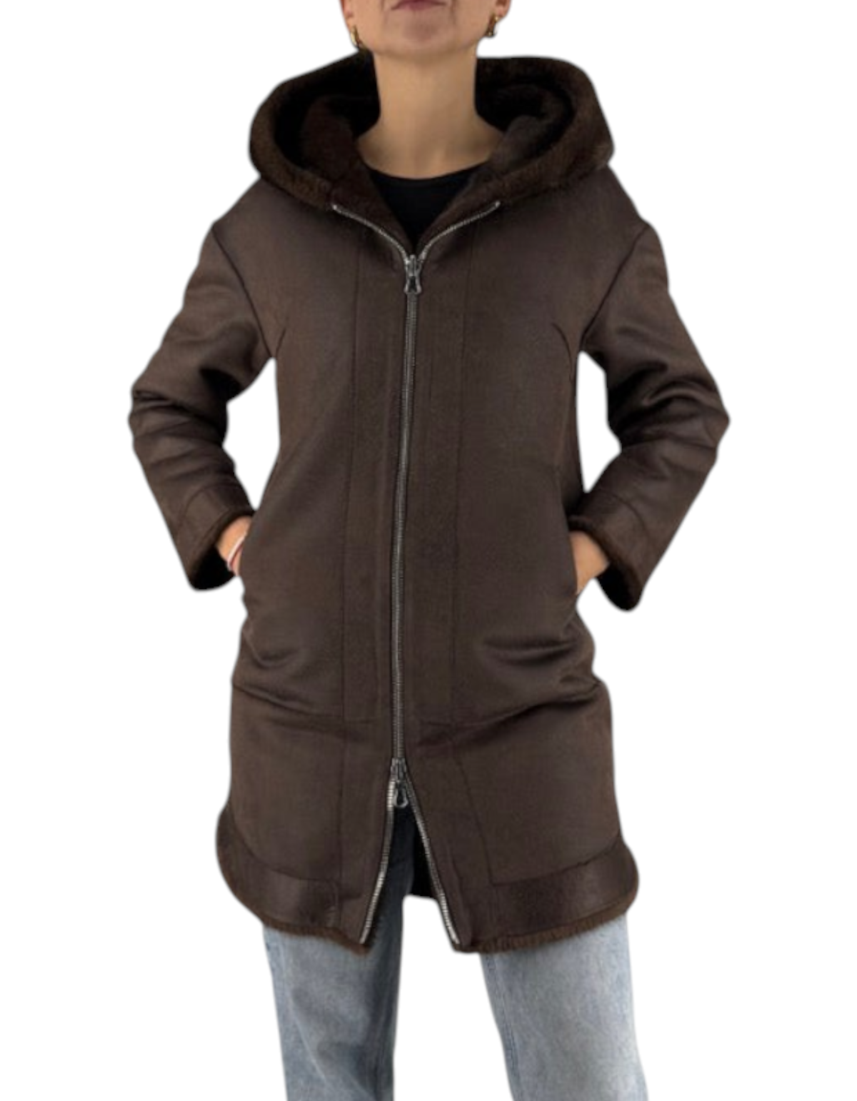 Giacca Audrey Dark Brown Montereggi, vista tre quarti indossata