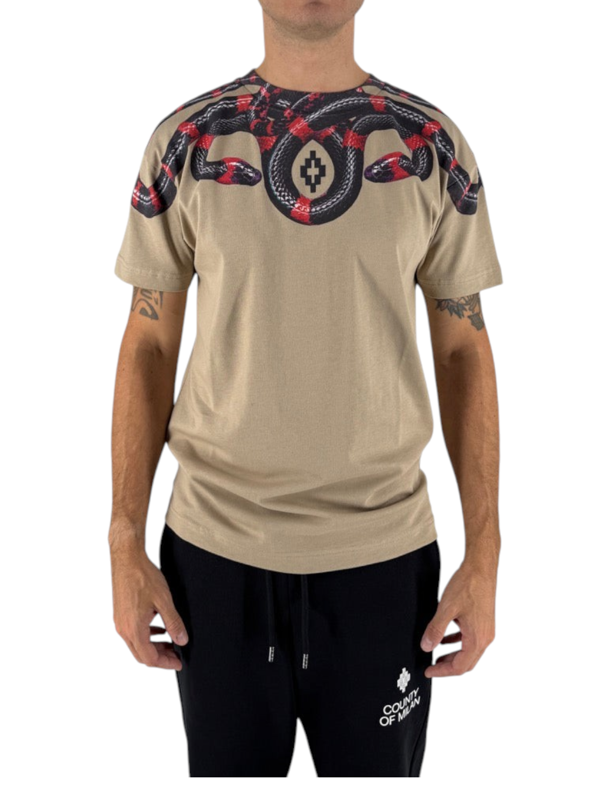 T-shirt DevidLabel Marcelo Burlon County Of Milan color sabbia in cotone con iconica stampa serpente sulle spalle