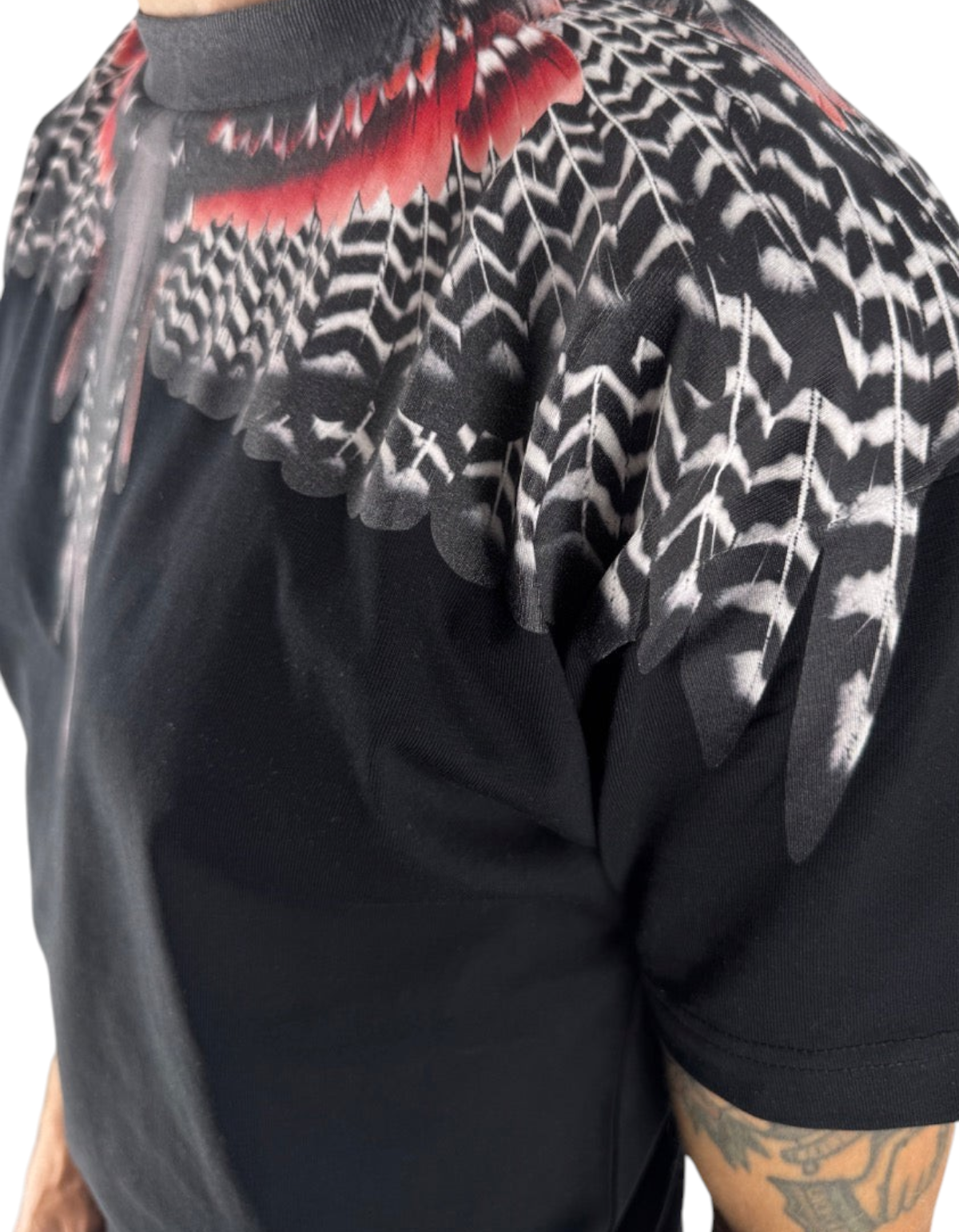 T-shirt nera in cotone Marcelo Burlon County Of Milan con iconica stampa piume sulle spalle, proposta da DevidLabel