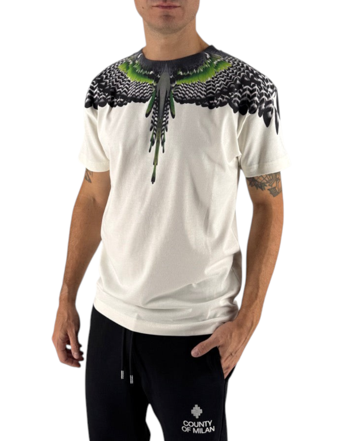 T-shirt DevidLabel Marcelo Burlon County Of Milan color cocco in cotone con iconica stampa ali verde e nera
