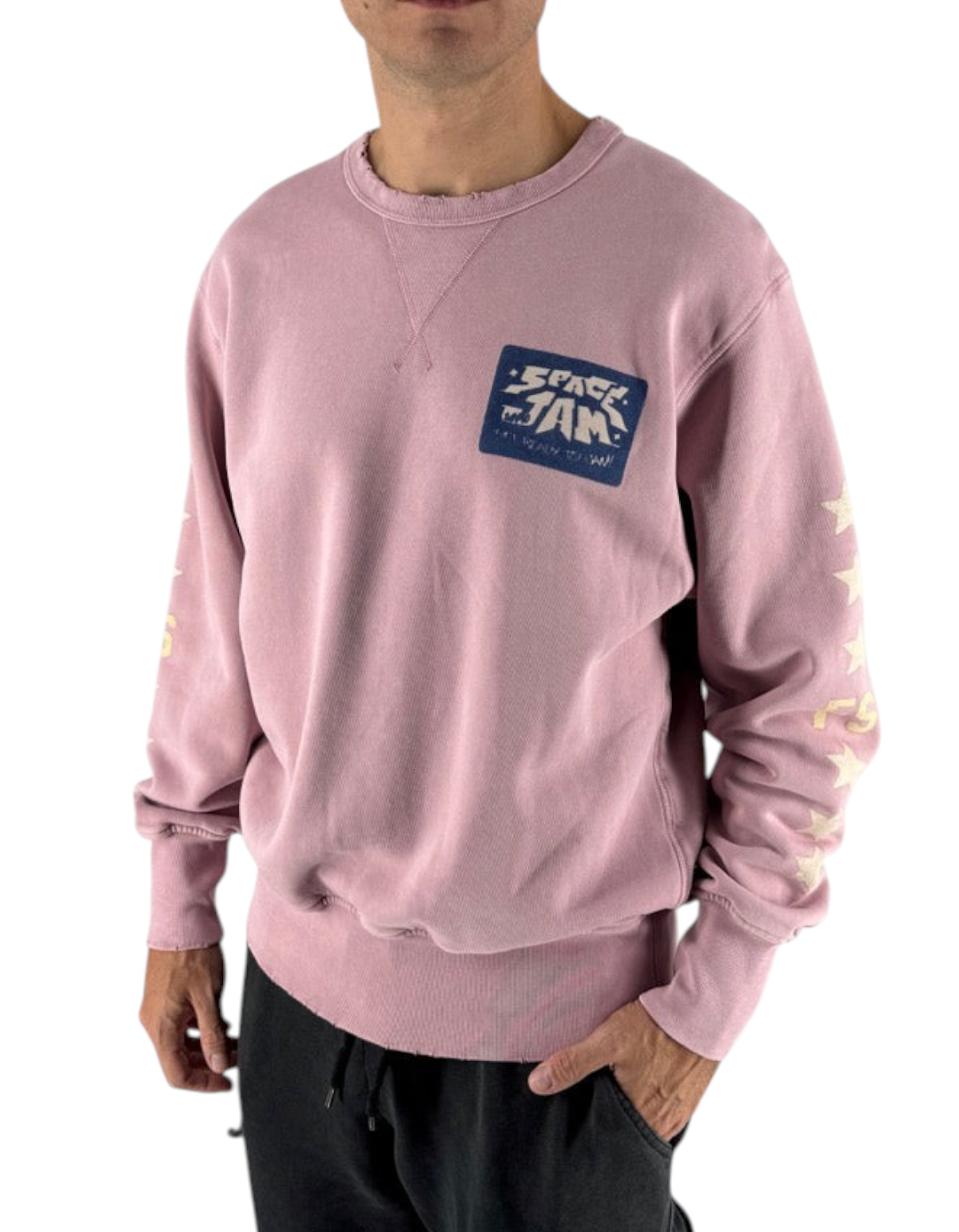 Modello indossa felpa girocollo rosa DevidLabel con grafica Space Jam sul petto e dettagli a stella sulle maniche