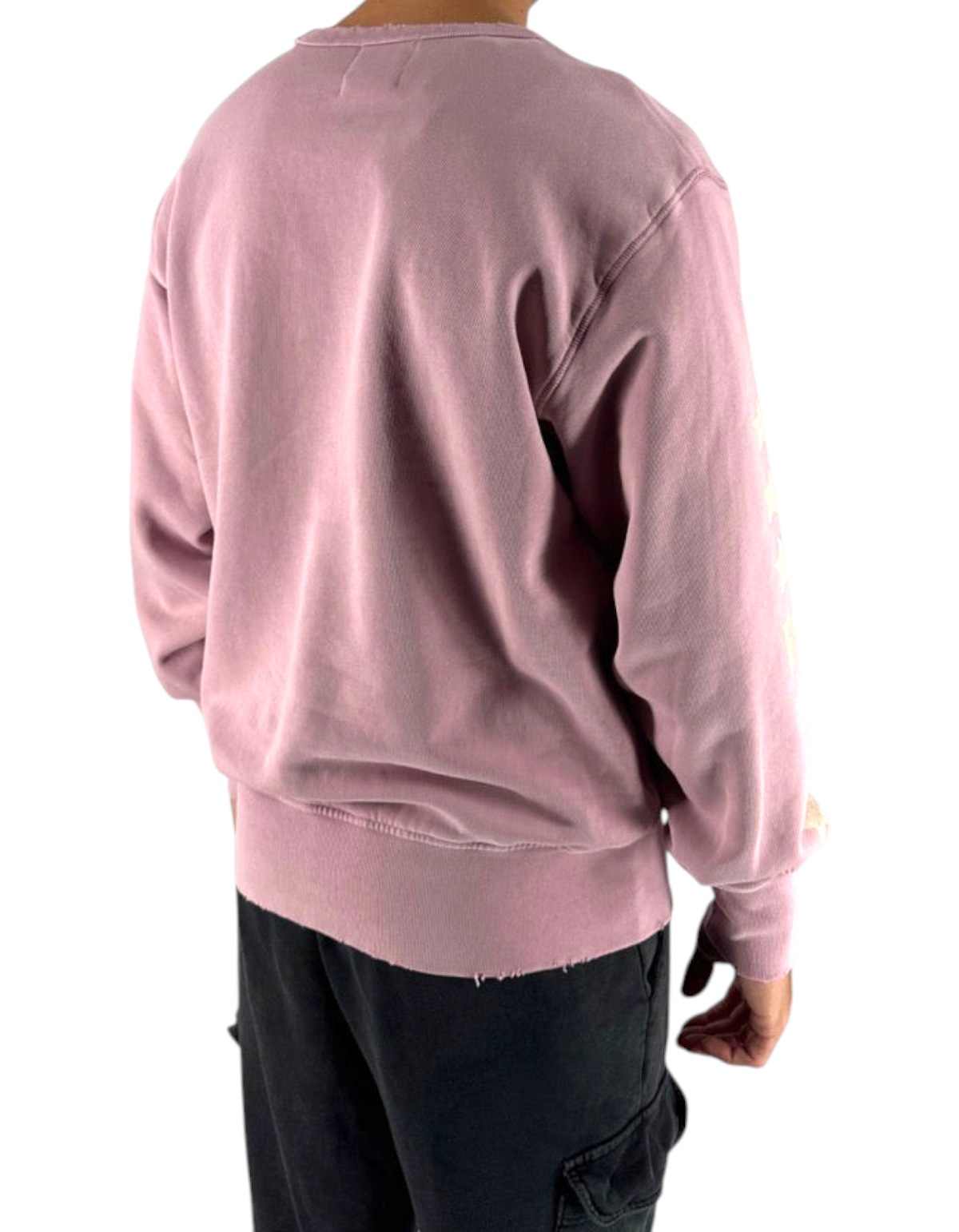 Modello di spalle indossa felpa girocollo rosa DevidLabel con dettagli consumati e grafica sulla manica