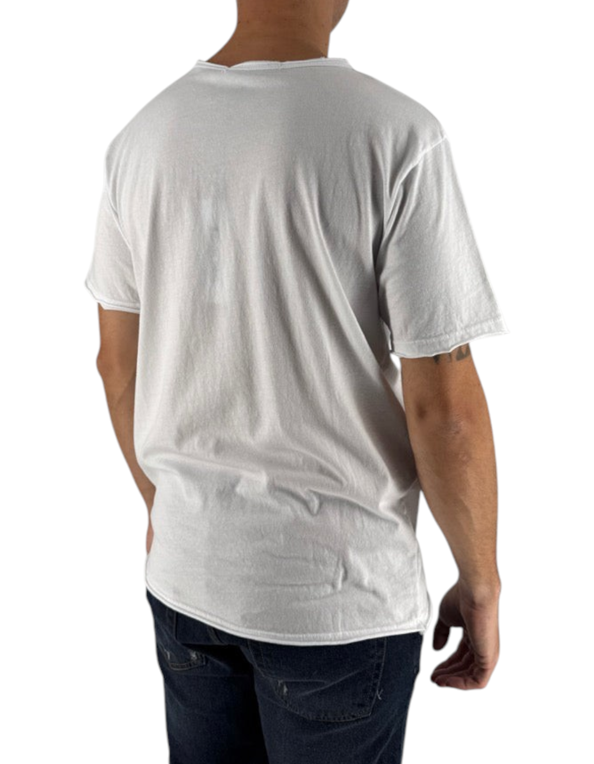 Vista posteriore della t-shirt bianca DevidLabel modello Vigo in jersey di cotone con finiture a taglio vivo