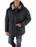 Modello indossa giubbotto nero Montereggi Krim con cappuccio e interno a contrasto beige, brand DevidLabel
