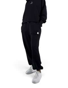 Pantalone donna oversize in felpa nero DevidLabel con gamba ampia e logo ricamato, stile streetwear contemporaneo