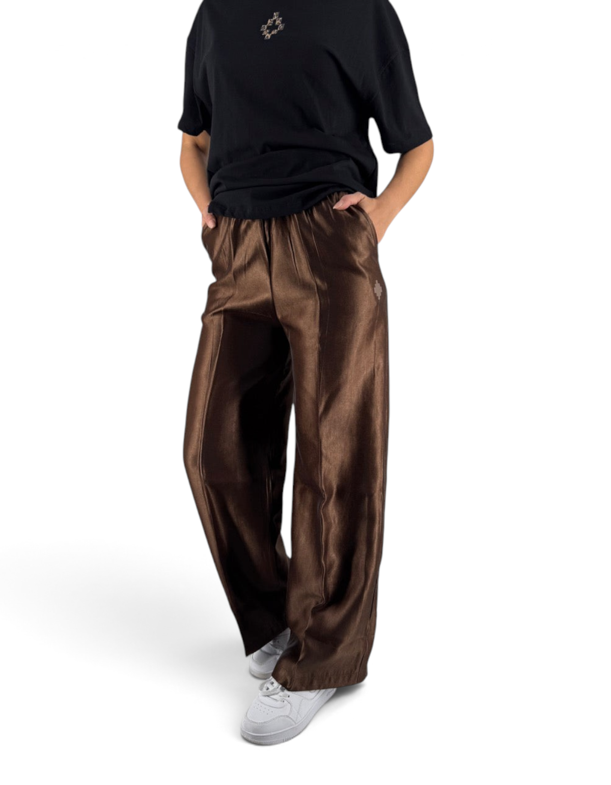 Pantalone donna in raso color cioccolato DevidLabel con gamba fluida e vestibilità ampia