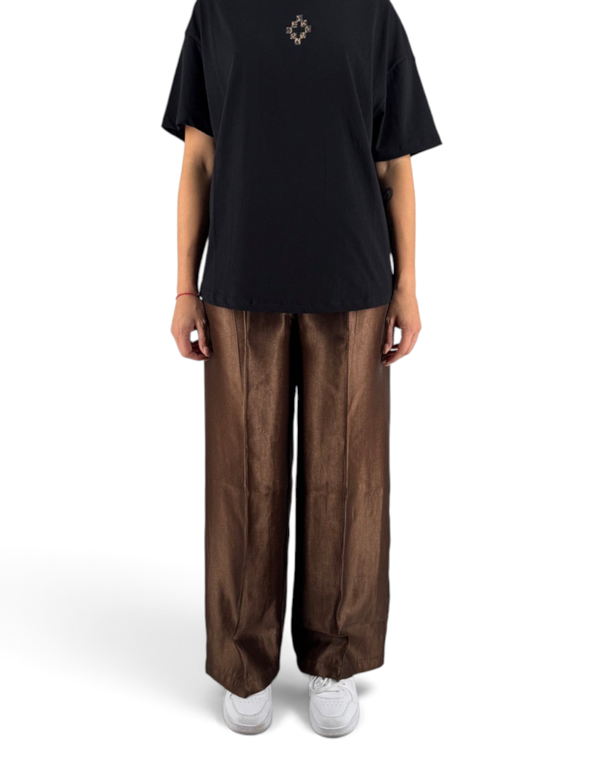 Pantalone donna in raso color cioccolato con gamba fluida, collezione DevidLabel Marcelo Burlon - County Of Milan