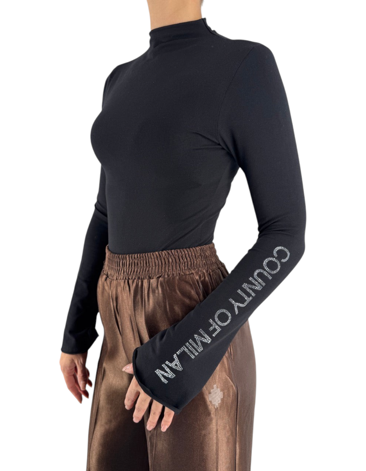 Body donna nero in jersey stretch Marcelo Burlon - County Of Milan con logo strass sulla manica, venduto da DevidLabel