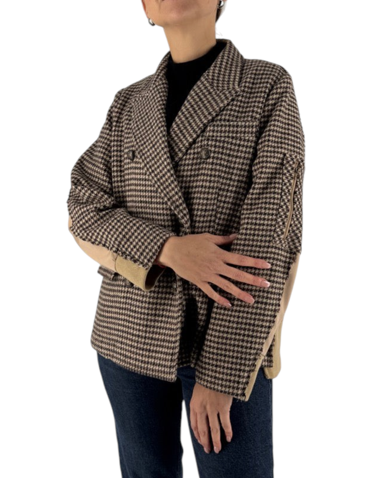 Front Street Hybrid Suit Blazer donna pied-de-poule marrone con pannelli beige - vista frontale