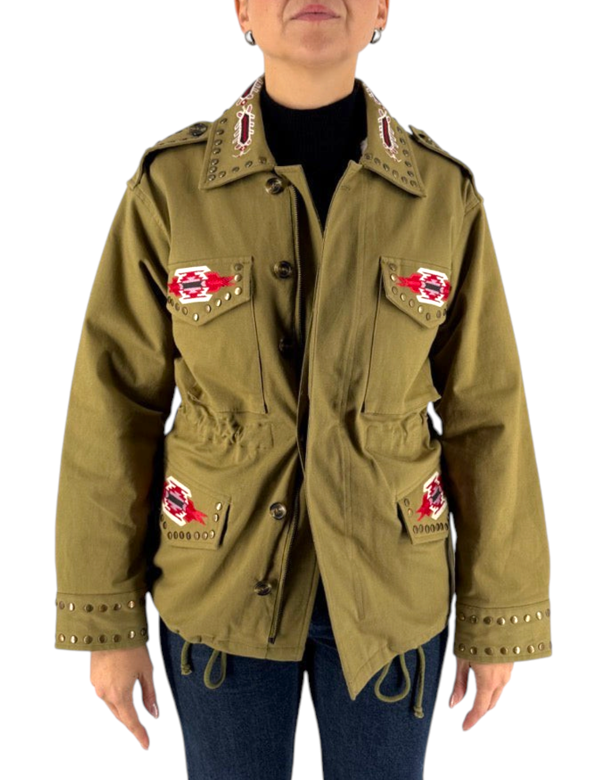 Front Street Field Jacket donna verde oliva con borchie - dettaglio coulisse in vita