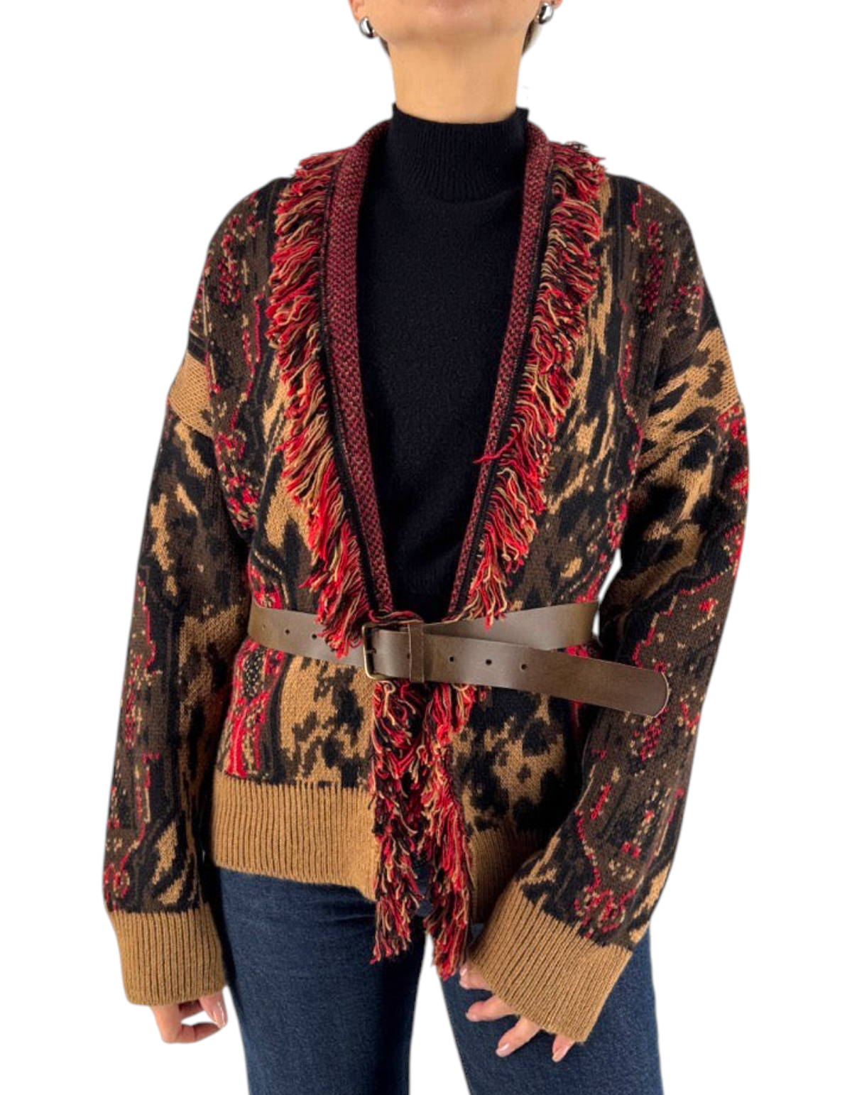 Front Street Cardigan Jacquard donna leopardato con frange rosse e cintura - vista frontale
